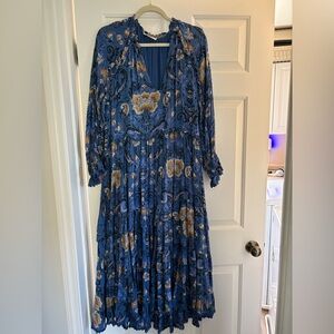 Spell Blue Tan Pleated Wrap Sundress